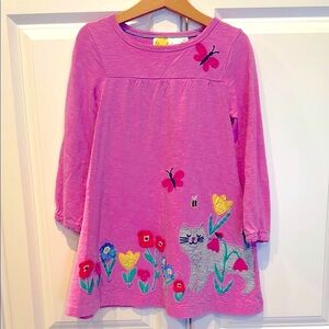 Mini Boden Pink Cotton Dress with Cat and Flower Embroidery